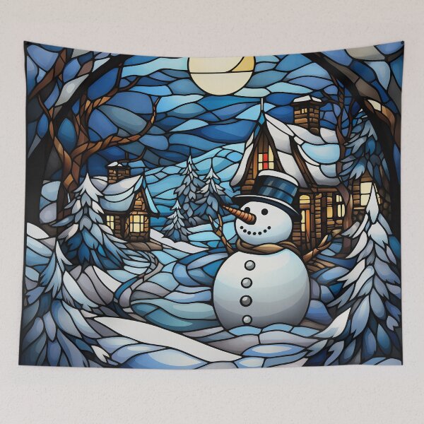 Item preview, Winter wonderland blue stained glass snowman Christmas scene designed and sold by Inktown.