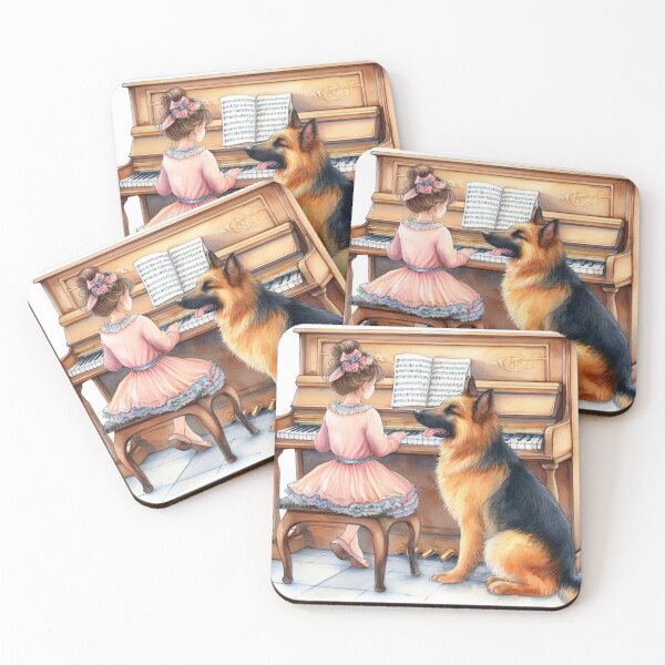 Item preview, Girl in Pink Playing Piano with German Shepherd Dog Digital Watercolor Sweet Happy Child Music Gift designed and sold by ElegantTeaTime.