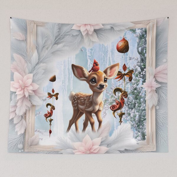 Item preview, Cute fawn with bird in a winterlandscape designed and sold by nicky2342.
