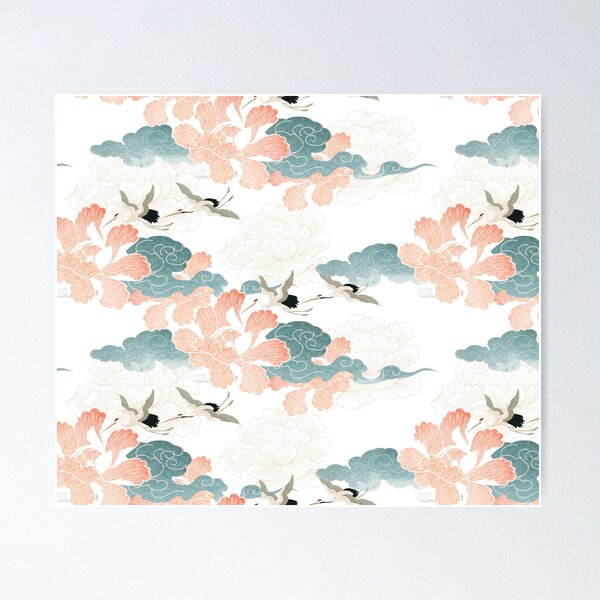 Crane birds with watercolor painting peony flower and cloud element in vintage style Poster