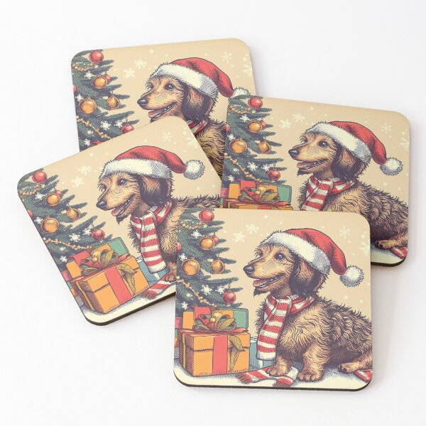 Item preview,  Retro christmas dashund with gifts and christmas tree designed and sold by thebennington12.