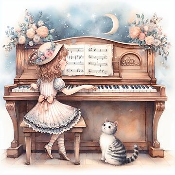 Girl in Dress and Hat Playing Piano with Striped Cat and Flowers and Moon  Sweet Happy Child Music Gift Postcard