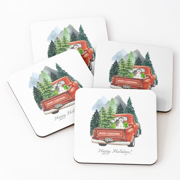 Item preview, Cute Alaskan Malamute and vintage truck winter landscape watercolor art designed and sold by adriana-holmes.