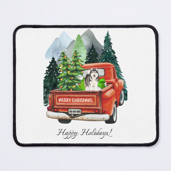 Item preview, Cute Alaskan Malamute and vintage truck winter landscape watercolor art designed and sold by adriana-holmes.