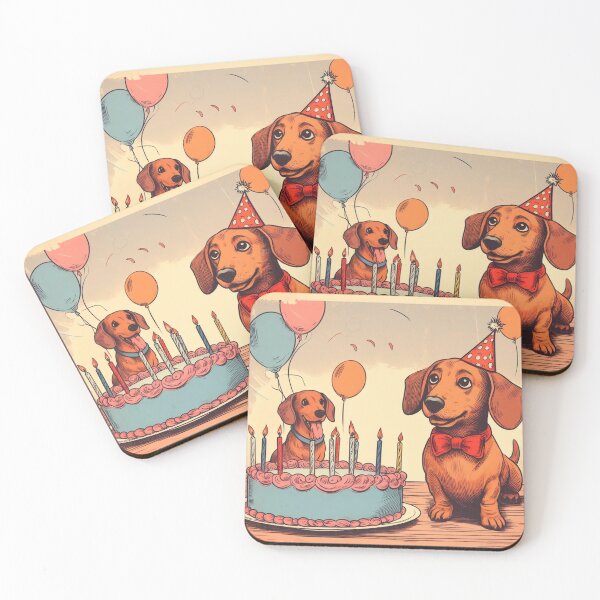 Item preview,  Retro daschunds celebrating birthday with cake and hat designed and sold by thebennington12.