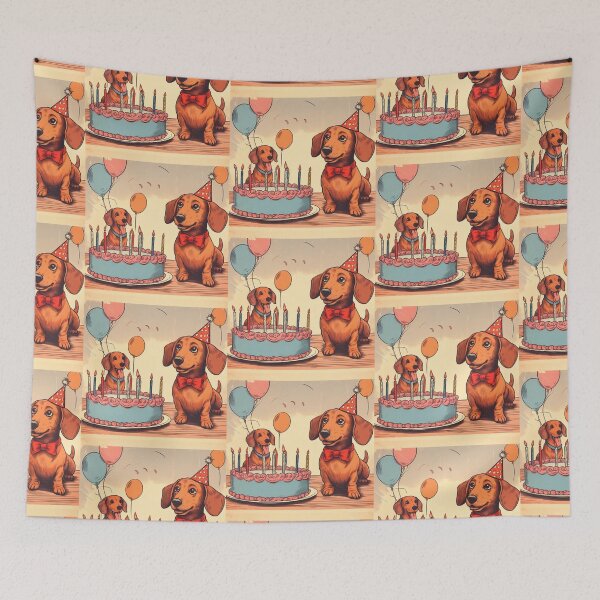 Item preview,  Retro daschunds celebrating birthday with cake and hat designed and sold by thebennington12.