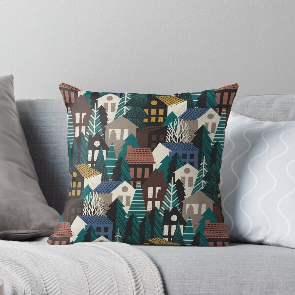 Item preview, Winter village // molasses and amaro brown mustard yellow blue ridge panna cotta and morel beige cozy houses and night swim green pine trees  designed and sold by SelmaCardoso.