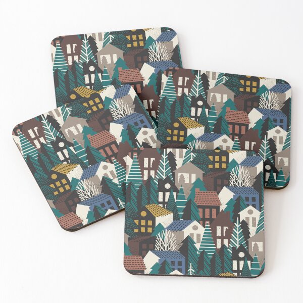 Item preview, Winter village // molasses and amaro brown mustard yellow blue ridge panna cotta and morel beige cozy houses and night swim green pine trees  designed and sold by SelmaCardoso.
