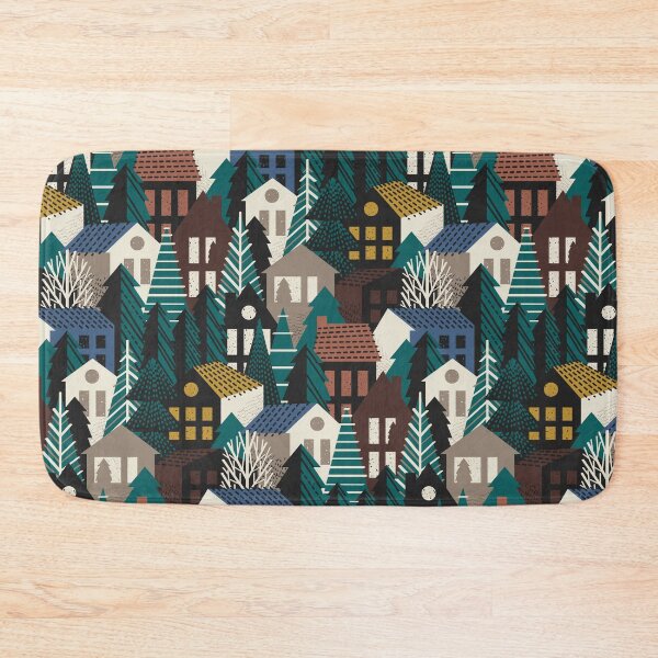 Item preview, Winter village // molasses and amaro brown mustard yellow blue ridge panna cotta and morel beige cozy houses and night swim green pine trees  designed and sold by SelmaCardoso.