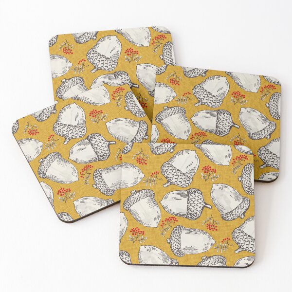 Item preview, Acorns and red berries on a golden yellow background | Repeat pattern designed and sold by colorofmagic.