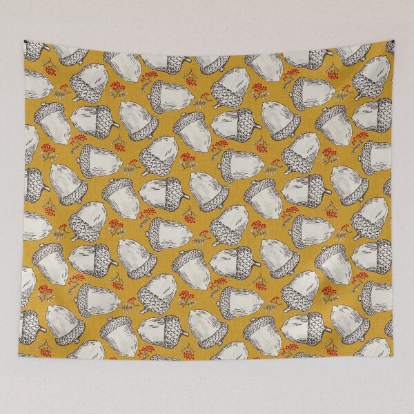 Item preview, Acorns and red berries on a golden yellow background | Repeat pattern designed and sold by colorofmagic.
