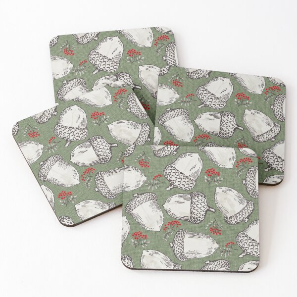 Item preview, Acorns and red berries on a sage green background | Repeat pattern designed and sold by colorofmagic.
