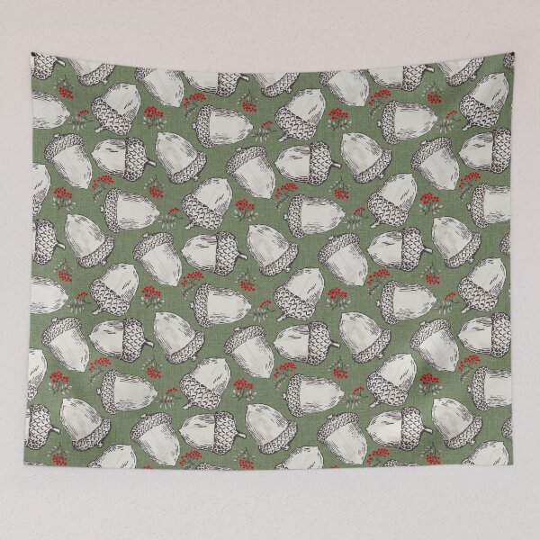 Item preview, Acorns and red berries on a sage green background | Repeat pattern designed and sold by colorofmagic.