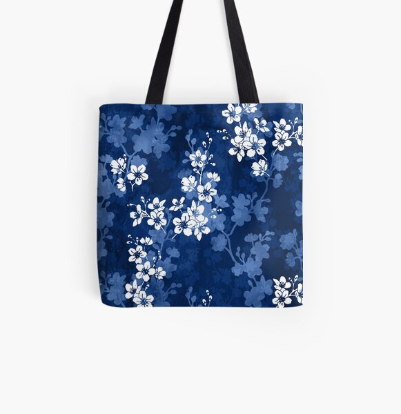 Sakura blossom in deep blue All Over Print Tote Bag
