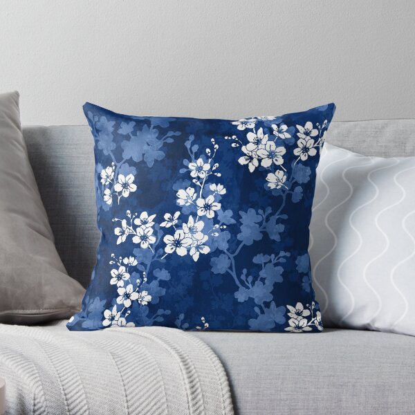 Sakura blossom in deep blue Throw Pillow