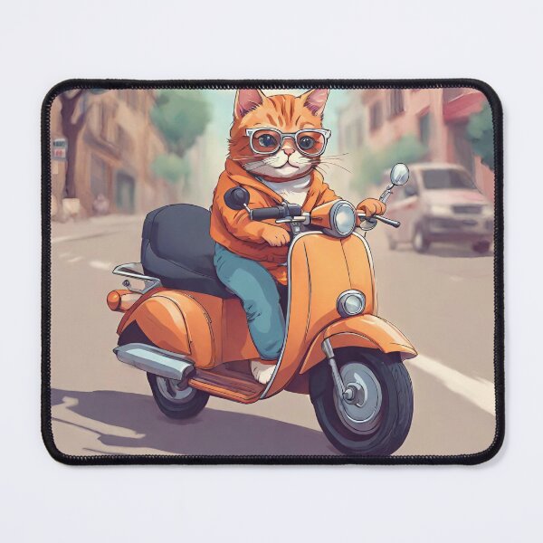 Item preview, Kitten with glasses, jacket and jeans, driving a motorcycle in the city designed and sold by NaturaFotos.