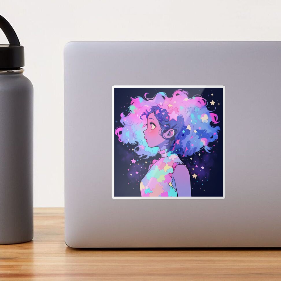 Beautiful Bright Neon Curly Hair Starry Anime Girl | Sticker