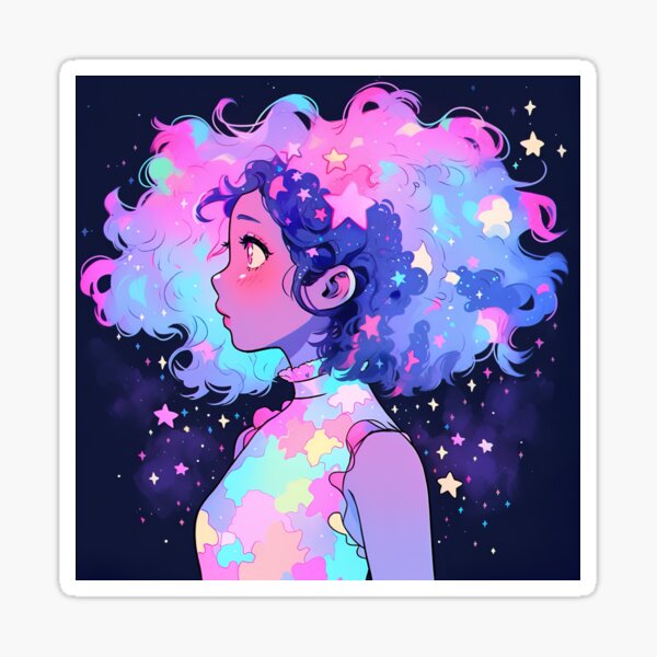 Beautiful Bright Neon Curly Hair Starry Anime Girl | Sticker