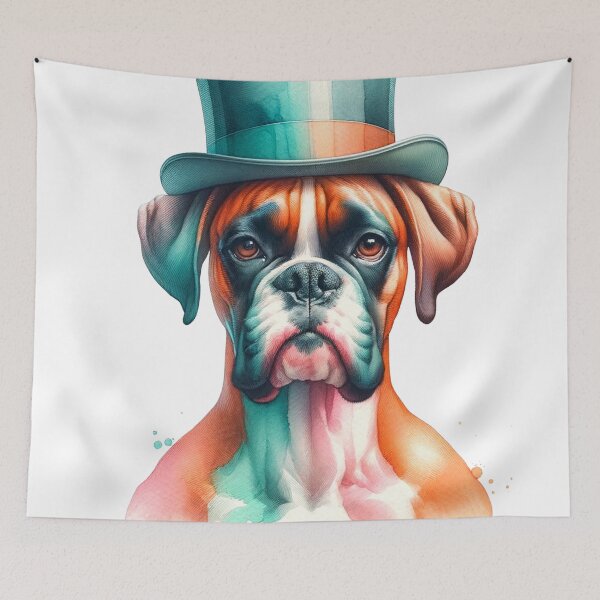 Aperçu de l'œuvre Boxer élégant en chapeau haut de forme : sophistication de l'aquarelle pour les connaisseurs canins créée et vendue par WatercolorWhisk.