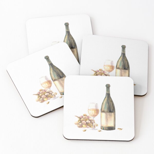 Item preview, A bottle with glass of white wine with bunch of grapes grape berries. Watercolour painting illustration designed and sold by BartolArt.
