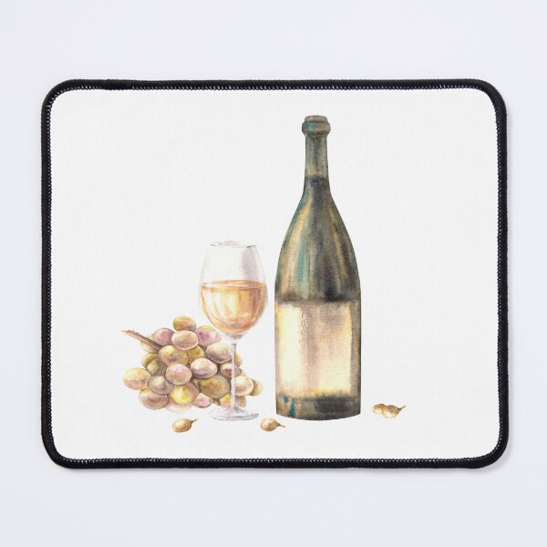 Item preview, A bottle with glass of white wine with bunch of grapes grape berries. Watercolour painting illustration designed and sold by BartolArt.