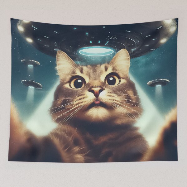 Item preview, Funny Cat selfie with UFO designed and sold by TomFrontierArt.