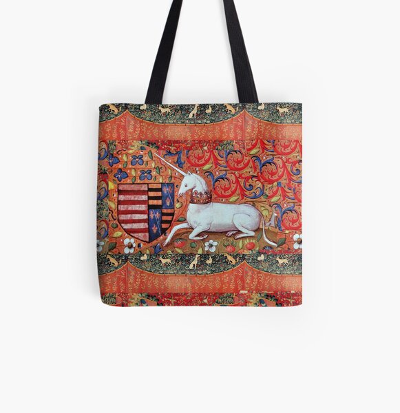 UNICORN ,FANTASY FLOWERS ,ANIMALS MEDIEVAL HERALDIC MOTIFS All Over Print Tote Bag