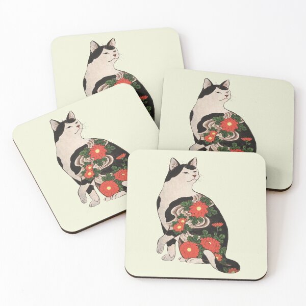 Item preview, Antique Japanese Woodblock Print Cat with Flower Tattoos designed and sold by Epitome Girl.