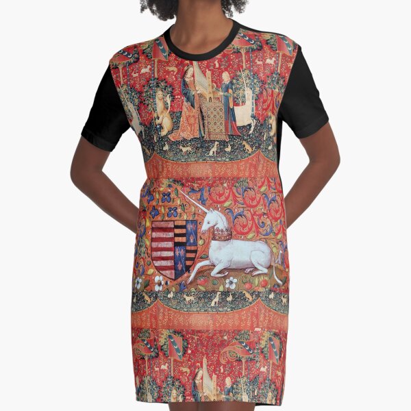 EINHORN, FANTASY BLUMEN, TIERE MITTELALTERLICHE HERALDISCHE MOTIVE T-Shirt Kleid