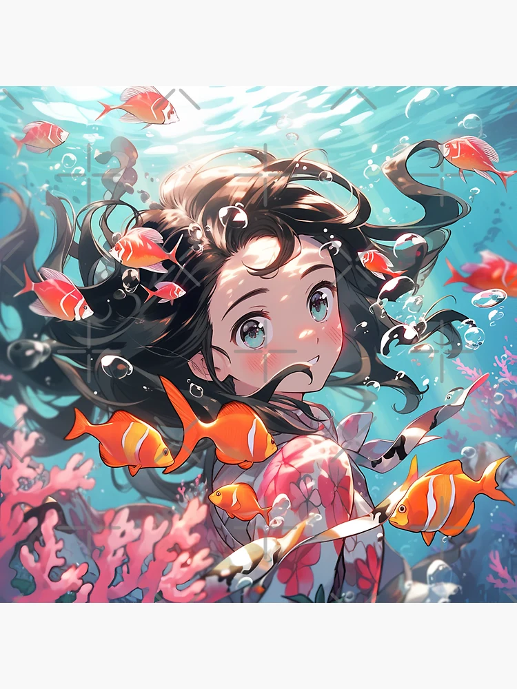 Cute Anime Girl Swimming With Fish | Sticker