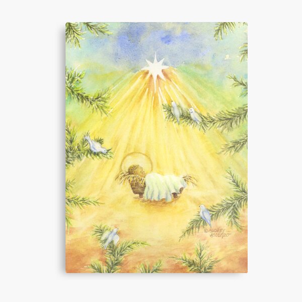 Christmas Doves Adoring Jesus in Manger Metal Print