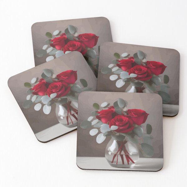 Item preview, Red Roses and Eucalyptus Leaves in a Glass Vase designed and sold by Vicky Brago-Mitchell®.