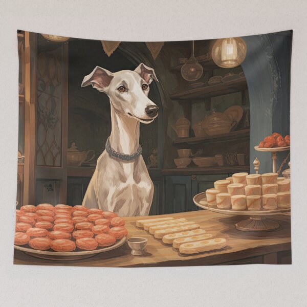 Item preview, cute whippet in a bakery in anime style designed and sold by WallyPink.