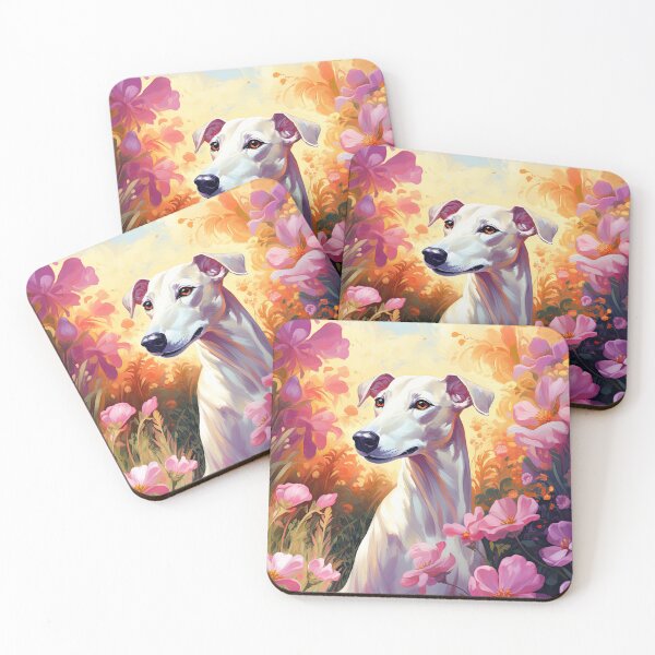 Item preview, cute whippet surrounded by pink flowers designed and sold by WallyPink.