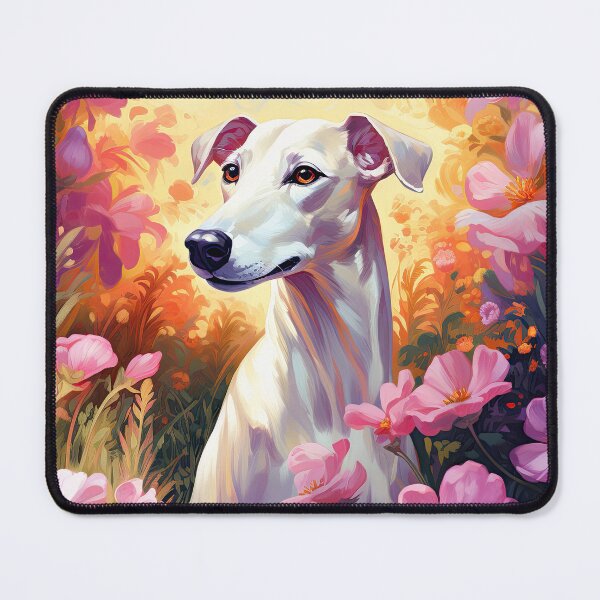 Item preview, cute whippet surrounded by pink flowers designed and sold by WallyPink.