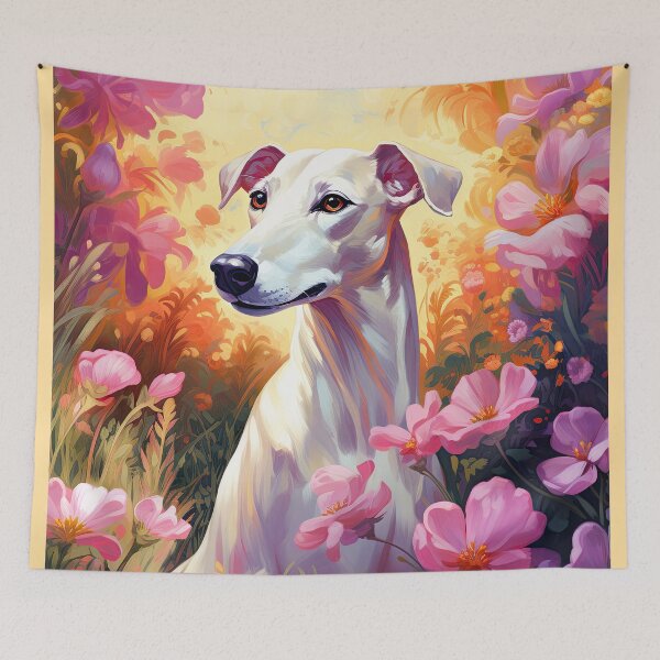 Item preview, cute whippet surrounded by pink flowers designed and sold by WallyPink.