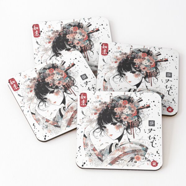 Item preview, Japanese Beauty in Watercolor: Portrait with Kimono and Flowers designed and sold by IAPICTURE.