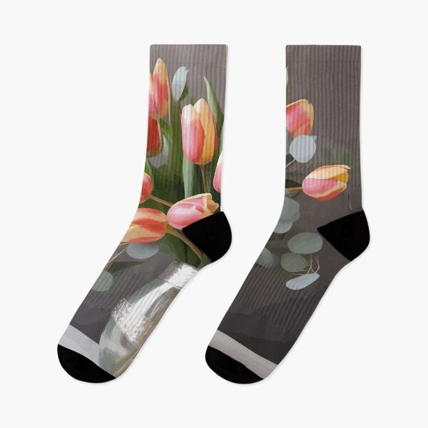 Item preview, Pink Tulips and Silver Dollar Eucalyptus Leaves in a Glass Vase designed and sold by Vicky Brago-Mitchell®.