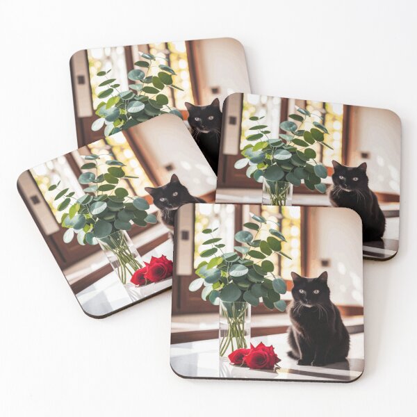 Item preview, Black Cat with Gift of Red Roses and Eucalyptus Leaves  designed and sold by Vicky Brago-Mitchell®.