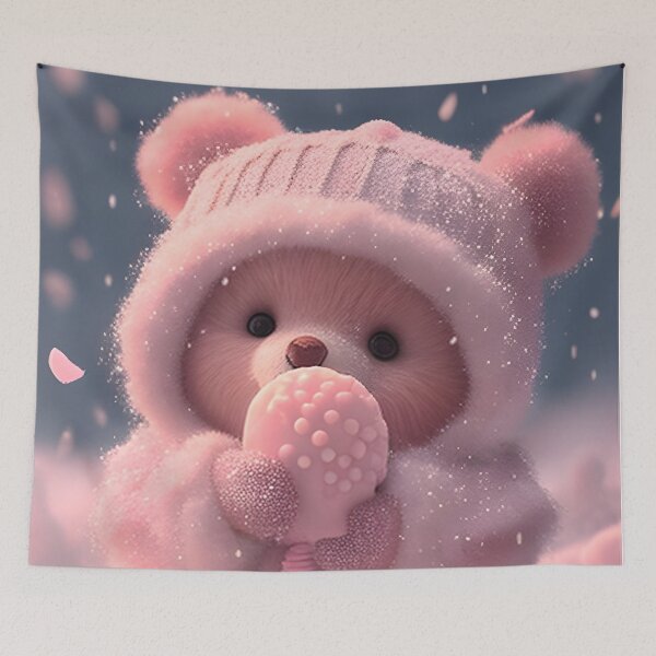 Item preview, Fluffy teddy bear eating candy in the snow designed and sold by Dreamsinpastel.