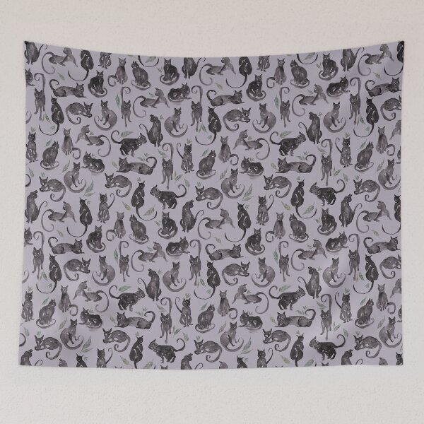 Item preview, Patrón de gato negro con hojas y fondo morado designed and sold by Bryony Dingle-Moss Art.