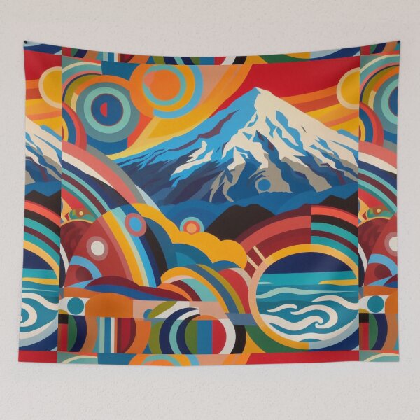 Item preview, Abstract painting of Mt Taranaki with bold colors and geometric shapes designed and sold by CristalleLisa.