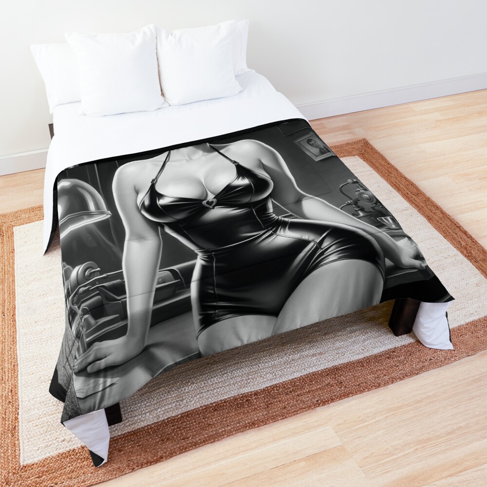 The Beautiful Look Of Science Barbenheimer Retro Fusion Pin Up AI Concept Art by Xzendor7 3 The Beautiful Look Of Science Barbenheimer Retro Fusion Pin Up Alluring AI Concept Art by Xzendor7 Decorative Comforter Art Print