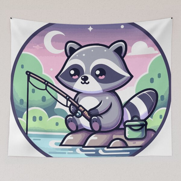 Item preview, Moonlit Fishing Raccoon Amidst Serene Lake designed and sold by OniumEth.