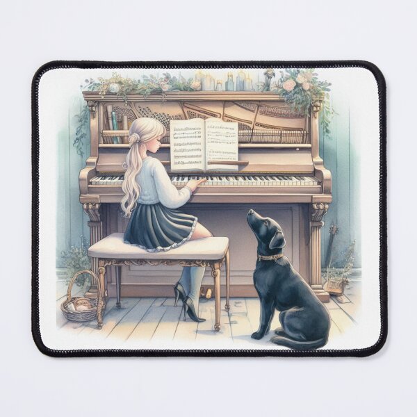 Item preview, Blonde Girl Playing Piano with her Black Labrador Dog with Floral Decor Sweet Happy Child Teen Music Student Gift designed and sold by ElegantTeaTime.