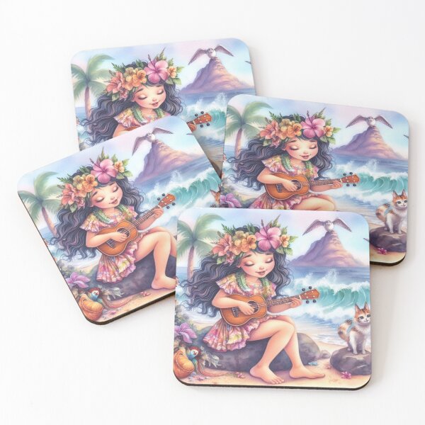 Item preview, Hawaiian Girl Playing Ukulele with her Cat and Bird on Island Sweet Happy Child Teen Music Student Gift designed and sold by ElegantTeaTime.