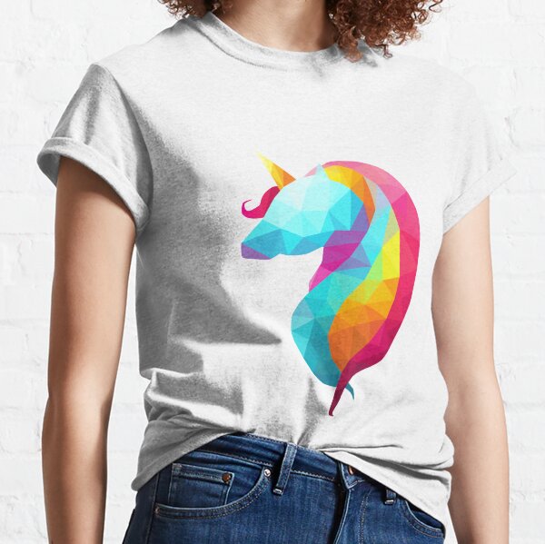 Cute and Beautiful Rainbow Detailed Geometric Low Poly Design of Unicorn Horse Animal Fantasy Dream Magical on Isolated Background. Classic T-Shirt