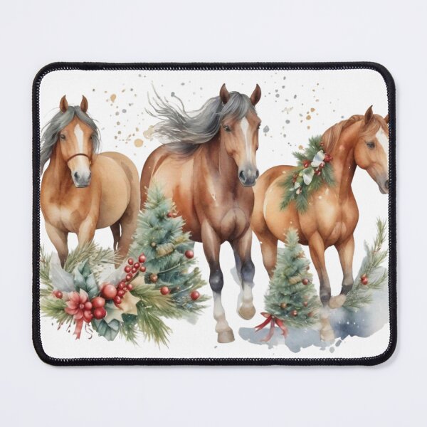 Item preview, Christmas Trio: Three Horses in Festive Decor Art Print designed and sold by Artforhorse.