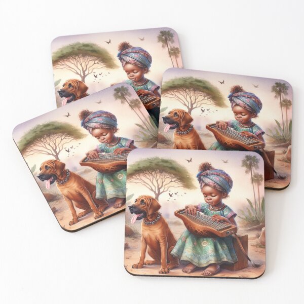 Item preview, Young Girl Playing the Mbira with her Rhodesian Ridgeback Dog in Africa Sweet Happy Child Music Gift designed and sold by ElegantTeaTime.
