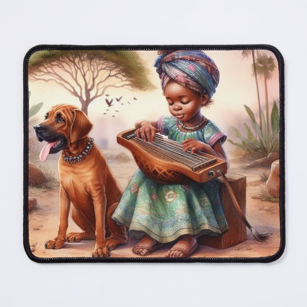 Item preview, Young Girl Playing the Mbira with her Rhodesian Ridgeback Dog in Africa Sweet Happy Child Music Gift designed and sold by ElegantTeaTime.